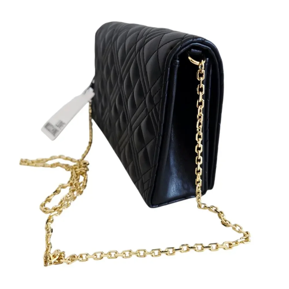 Love Moschino Black & Gold Quilted Faux Leather Clutch Crossbody Bag Chain Strap